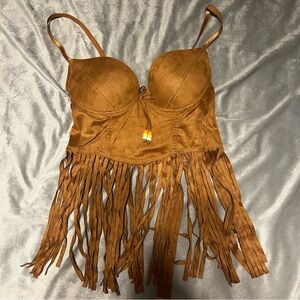 Brown Bustier Crop Top with Fringe
